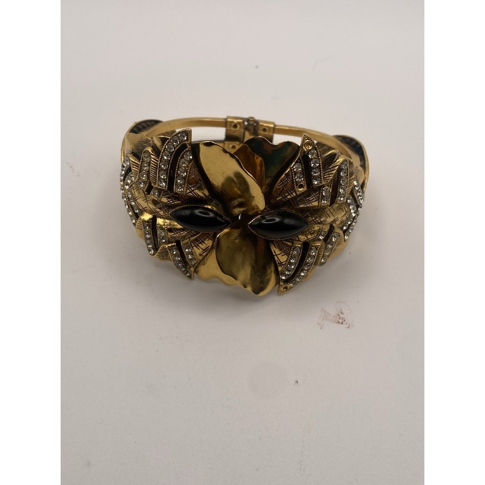 VTG 1980's Cuff Bracelet GoldTone With Black Stone Cabochons